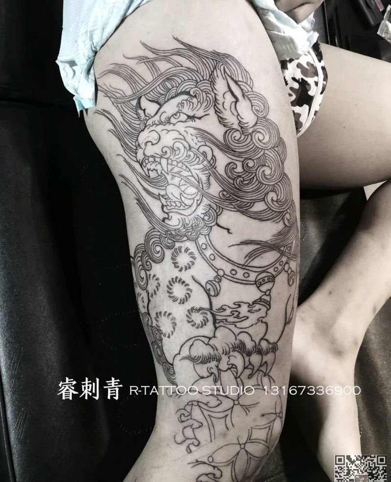 大腿唐狮线条纹身图片
