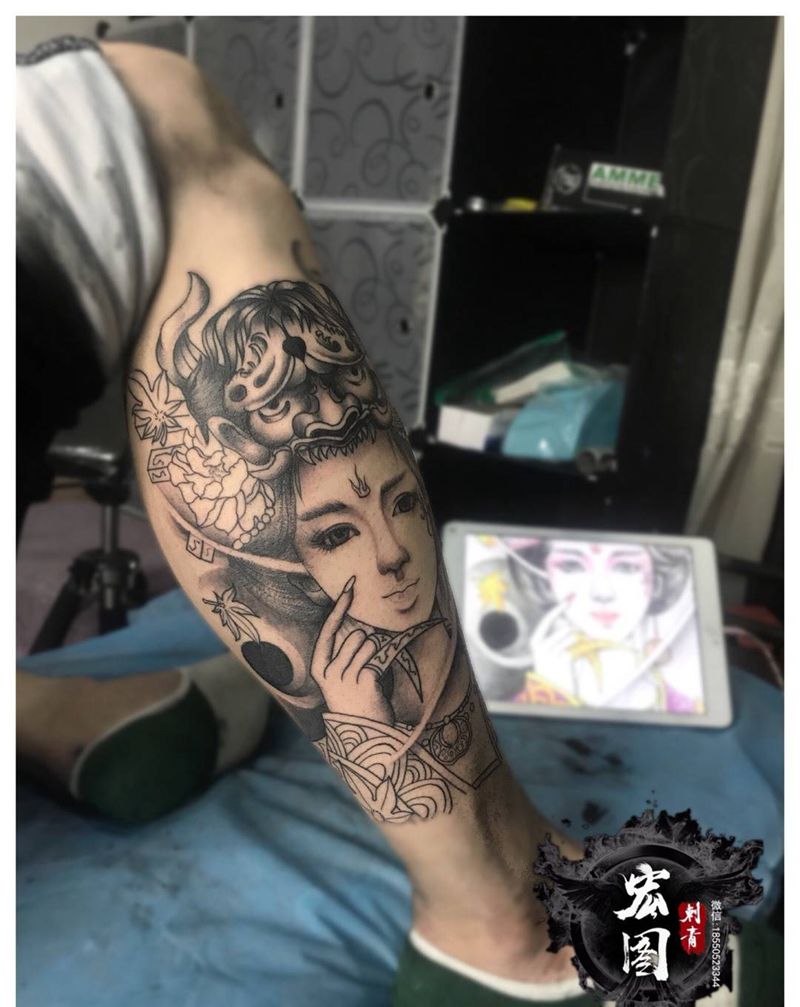 艺妓纹身图片_成品腿部传统人物纹身图案