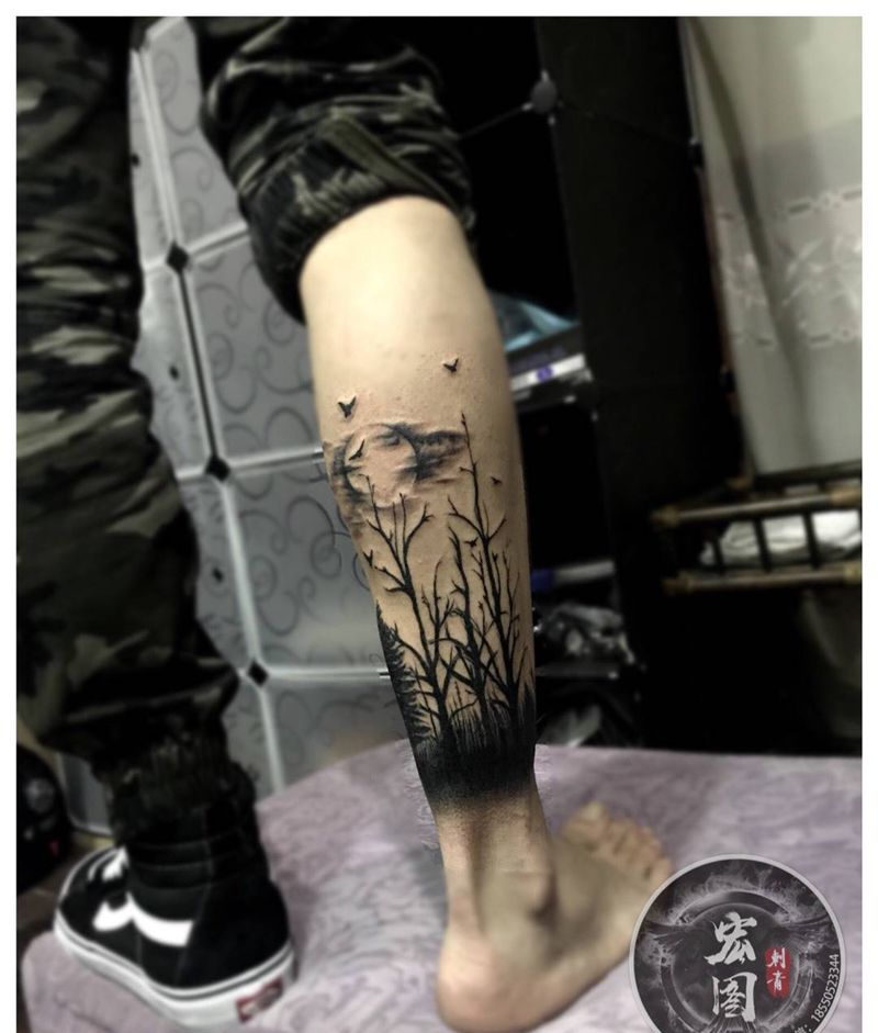 树纹身图片_成品脚部腿部欧美清新原创植物纹身图案