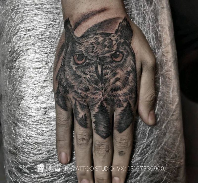 猫头鹰纹身图片_手部欧美写实纹身图案
