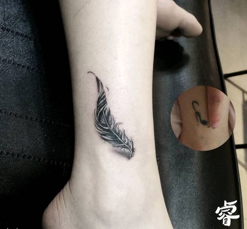 羽毛遮盖纹身图片