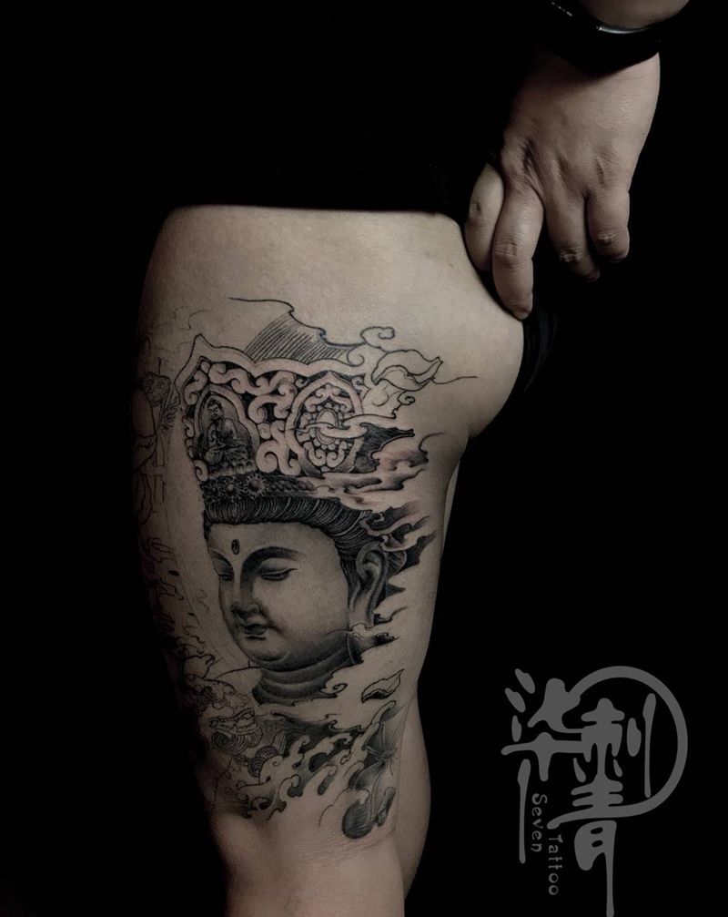 未完待续纹身图片_腿部传统肖像鬼神动物宗教纹身图案