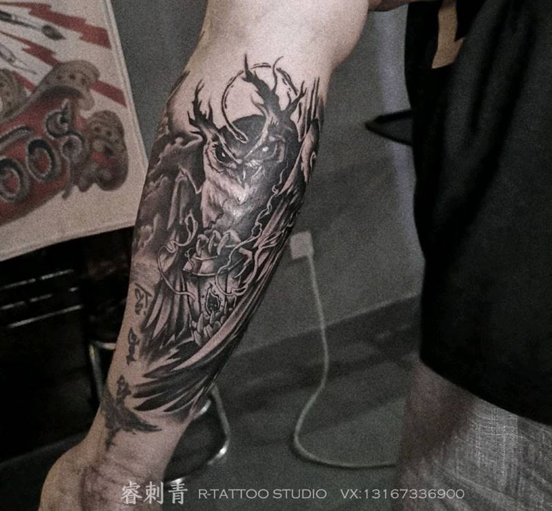 猫头鹰纹身图片_手臂欧美写实纹身图案