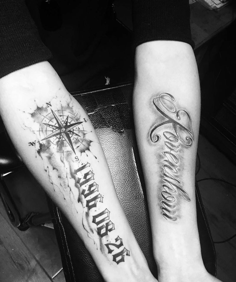 指南针数字花体英文纹身图片