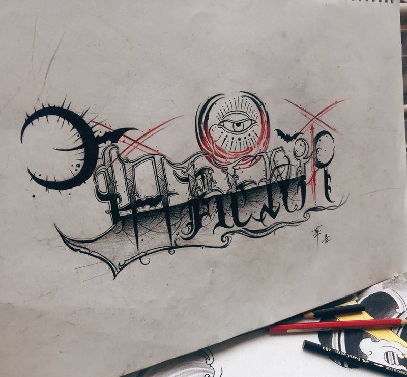 原创暗黑花体字手稿纹身图片