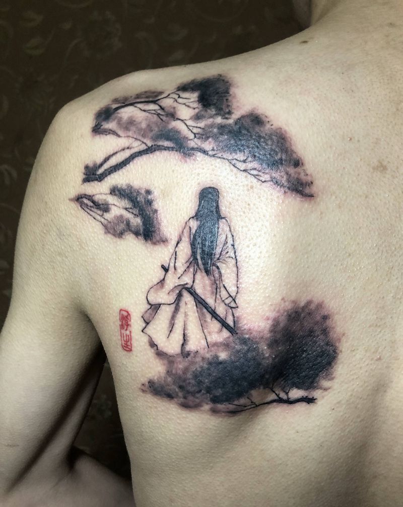 浮生纹身图片_肩部水墨纹身图案
