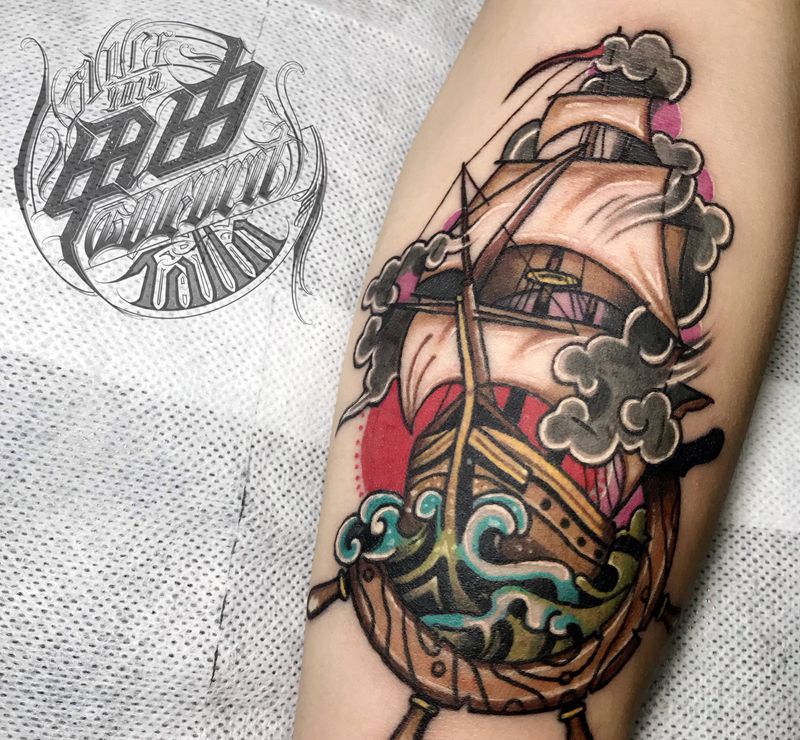 乘风破浪纹身图片_手臂Old School纹身图案