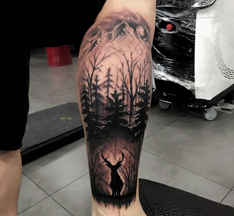 鹿纹身图片_腿部脚部纹身图案