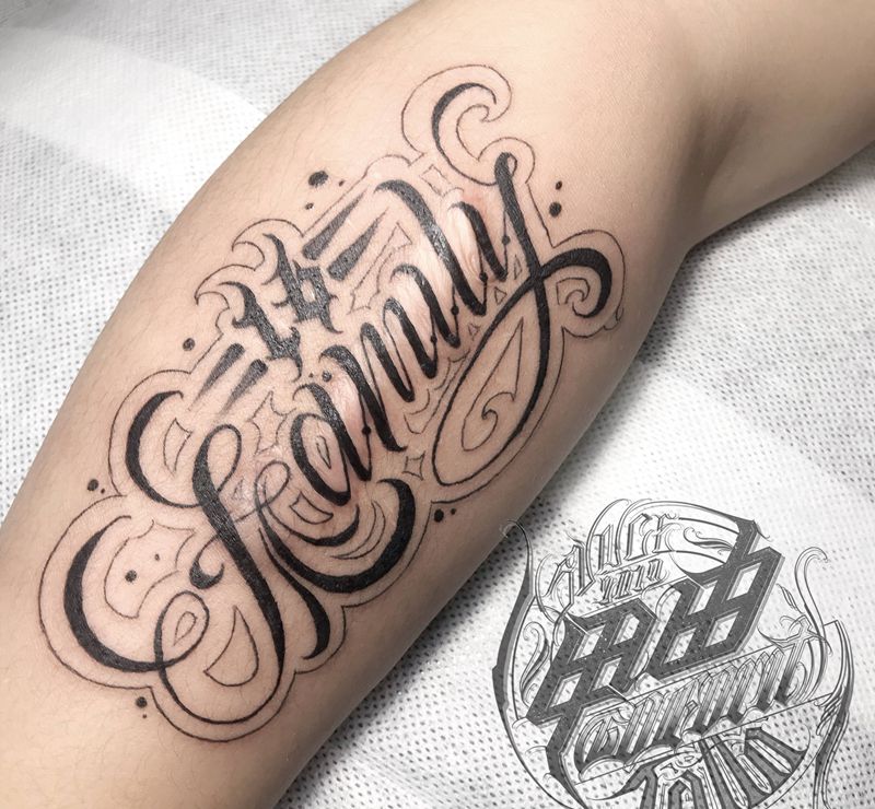 家纹身图片_手臂花体字纹身图案