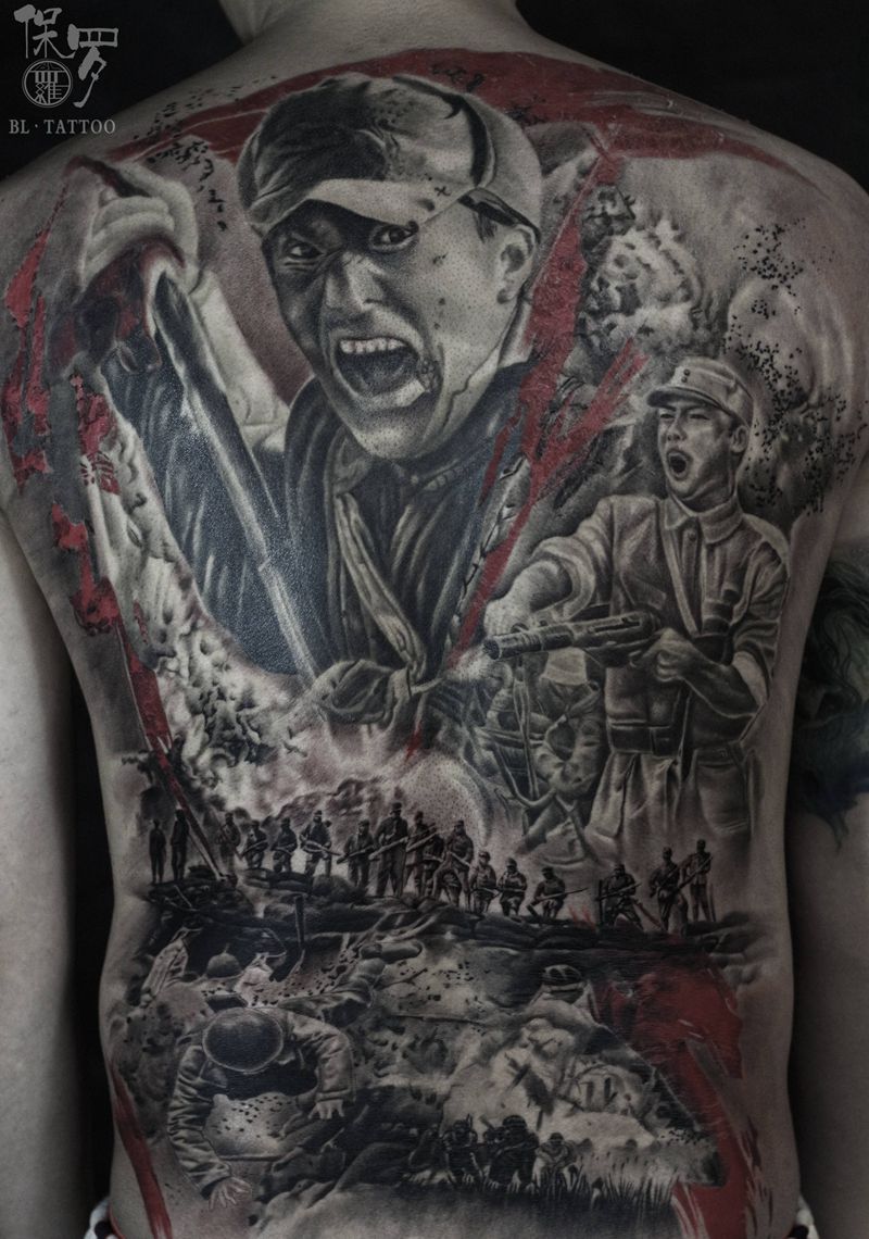 百团大战纹身图片_背部欧美写实纹身图案
