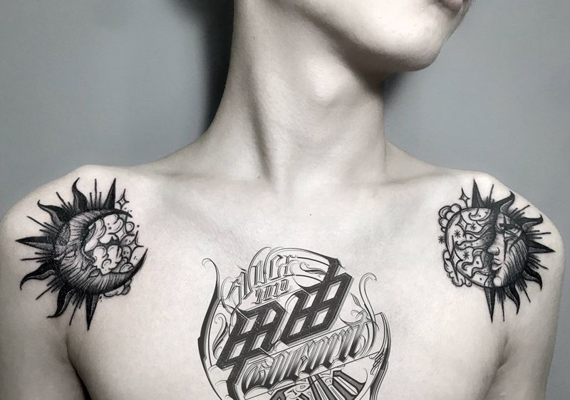 •暗黑风格：对肩日月•纹身图片_肩部暗黑纹身图案