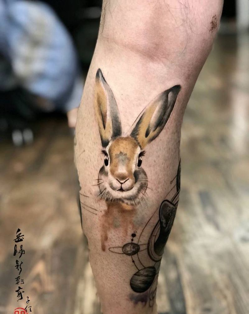 兔纹身图片_腿部彩色纹身图案