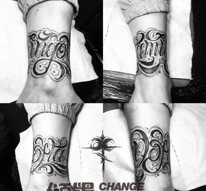 Doflamingo纹身图片_腿部花体字纹身图案