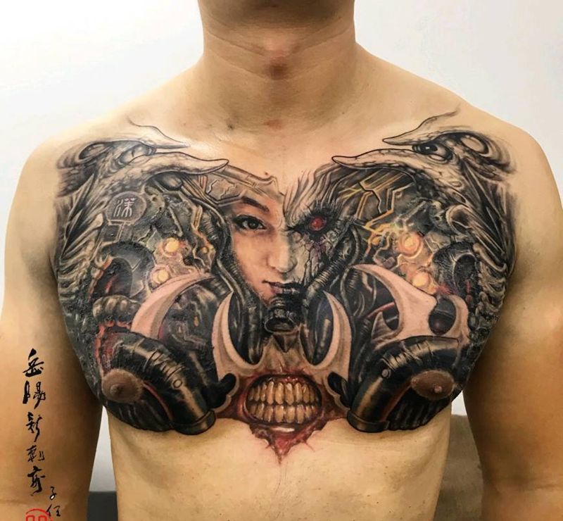 生化机械纹身图片_胸部彩色写实纹身图案
