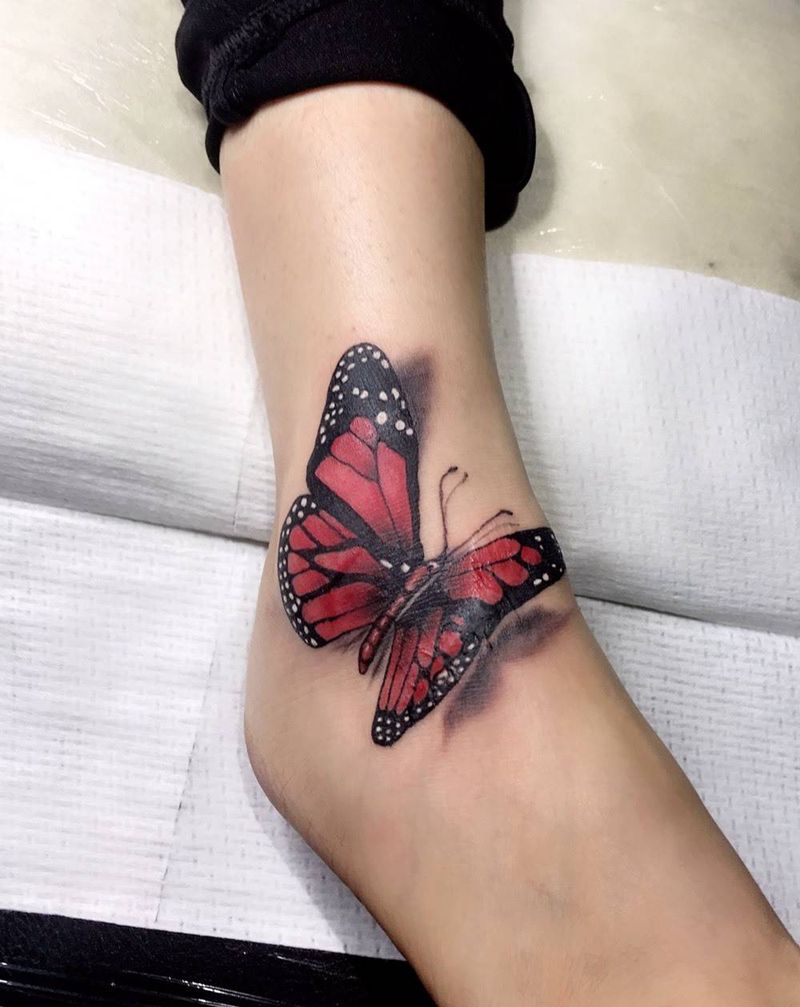 彩色蝴蝶遮盖纹身图片_脚部水彩纹身图案