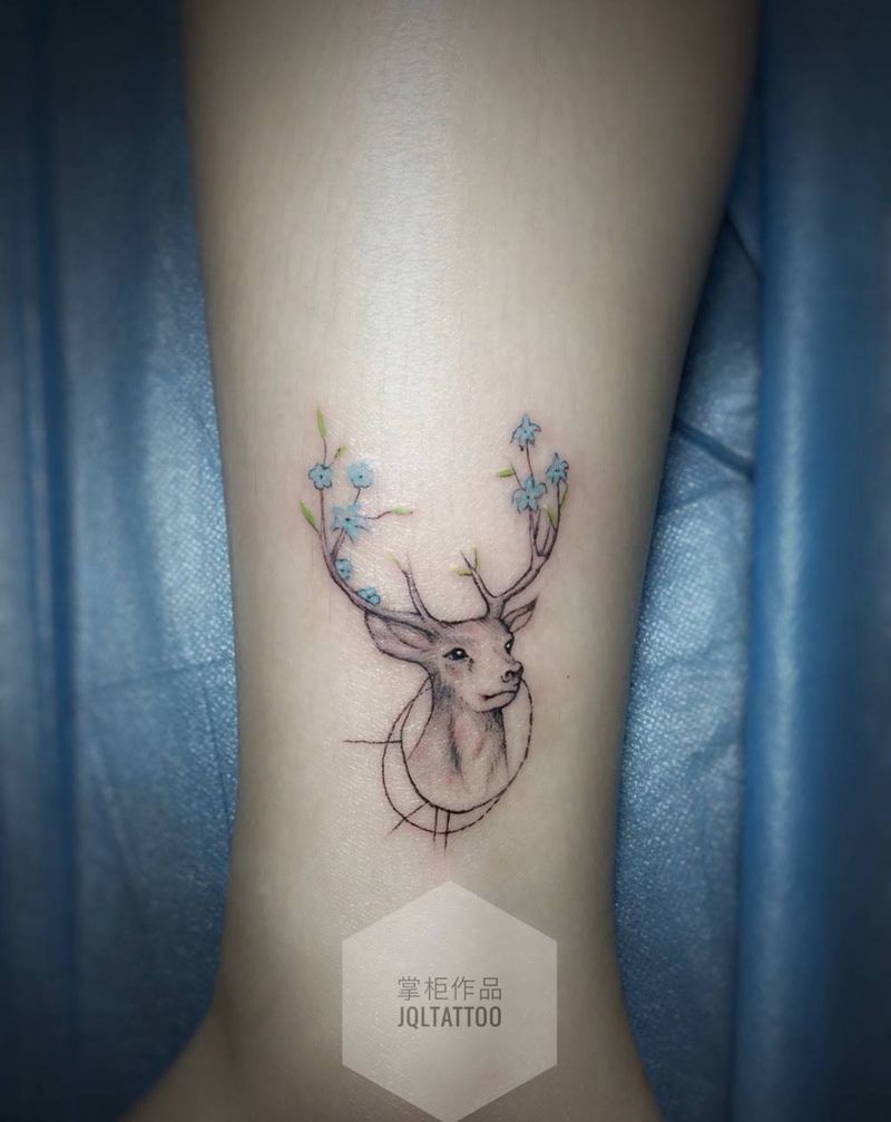 鹿纹身图片_成品腿部清新鬼神动物可爱纹身图案