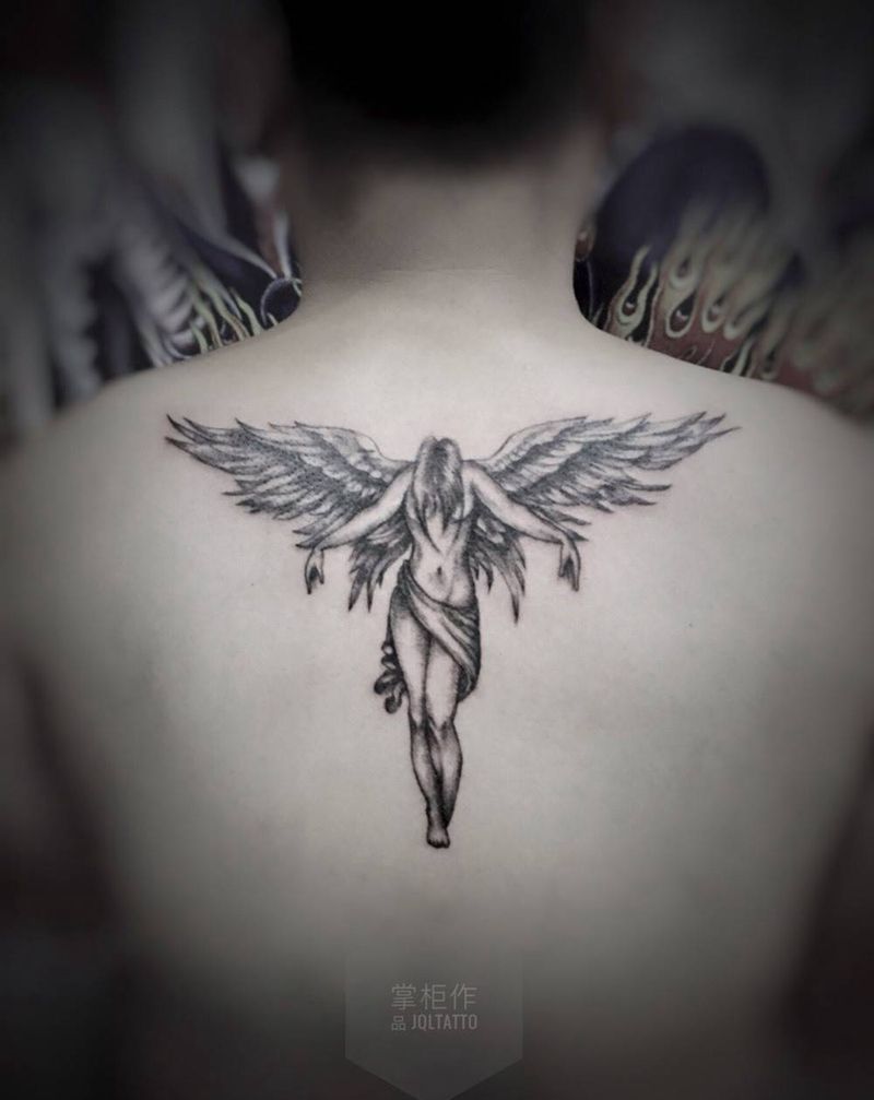 天使纹身图片_成品背部肖像写实人物纹身图案