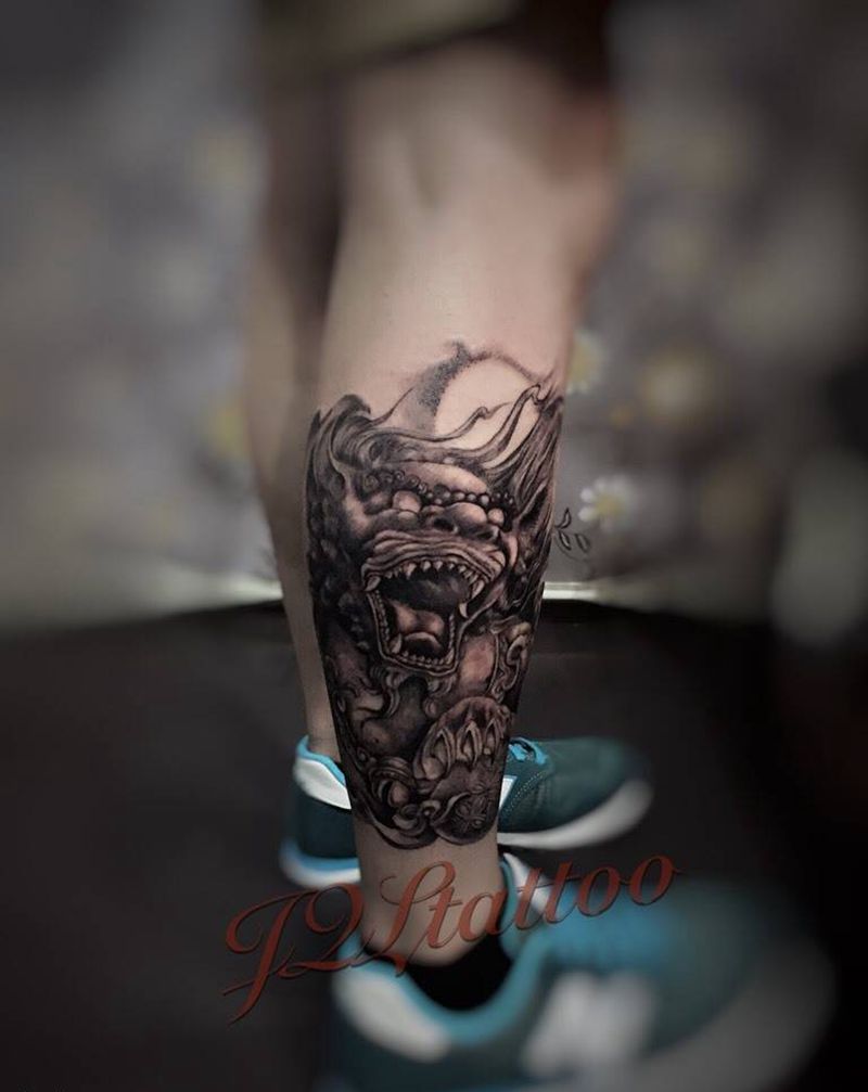 完成（客人只有晚上有时间每天做一点）纹身图片_腿部欧美写实动物纹身图案