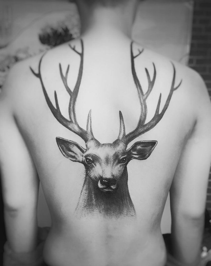 鹿纹身图片_成品背部写实动物纹身图案