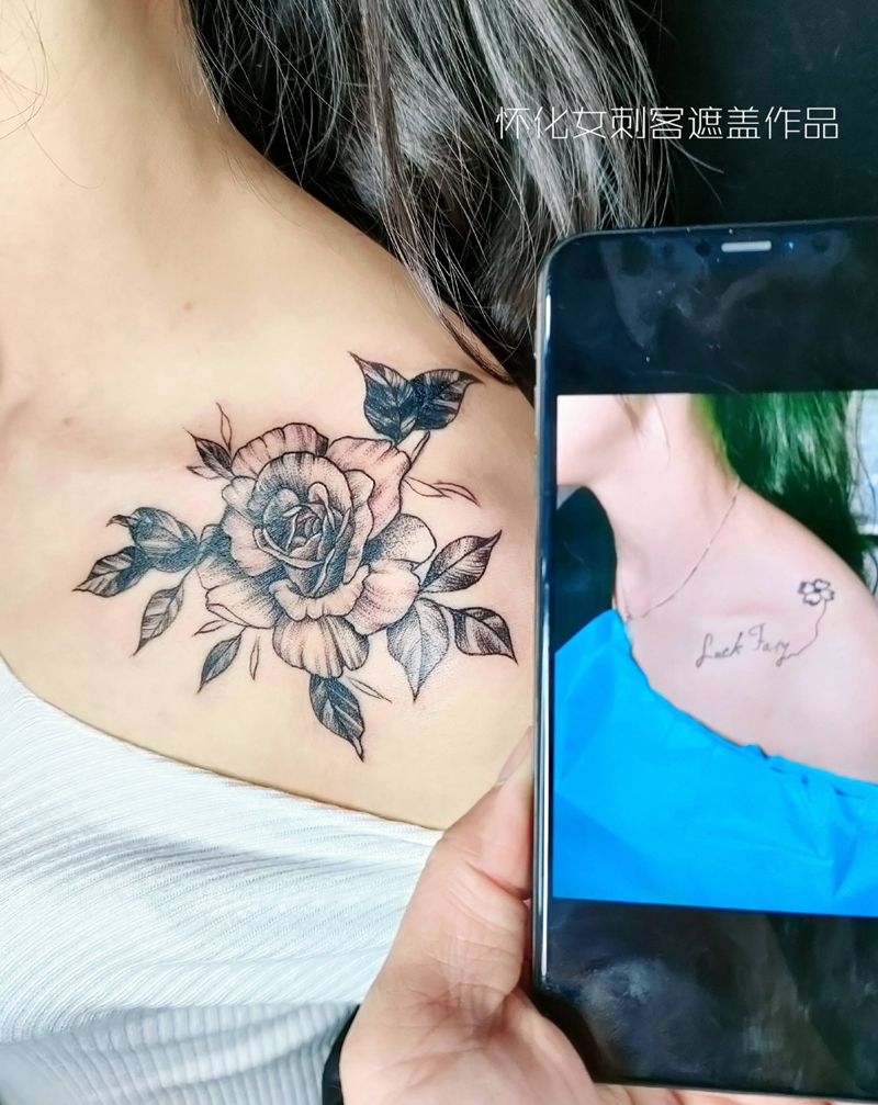 遮盖旧纹身纹身图片_肩部遮盖素花纹身图案