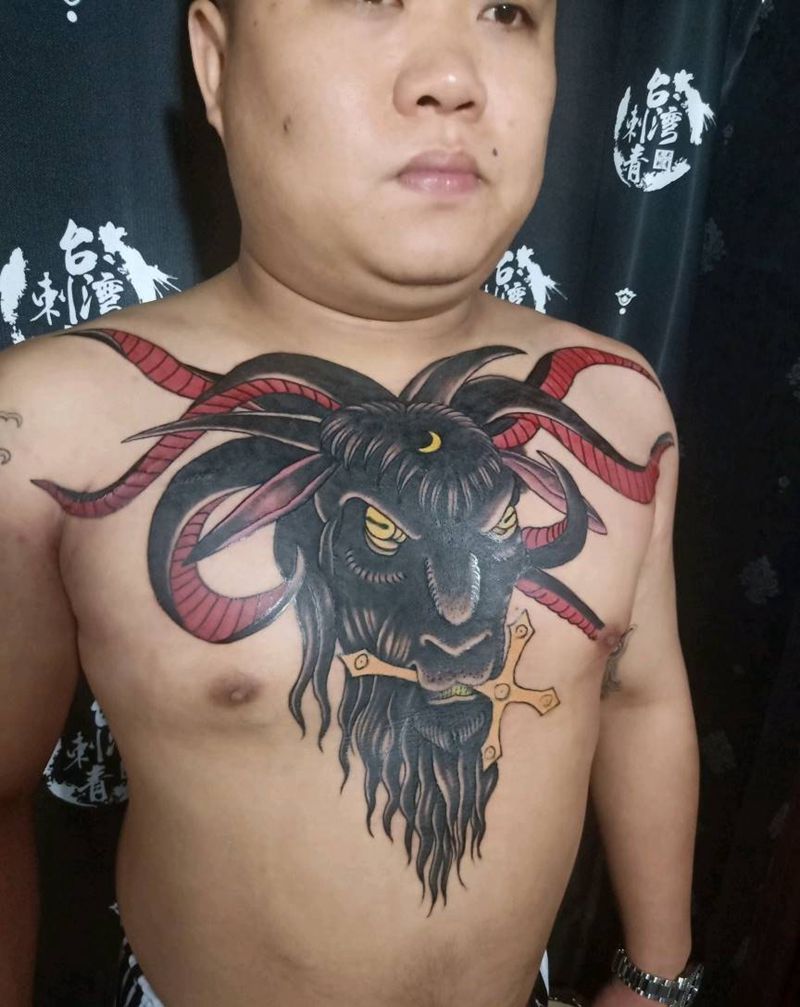 羊头纹身图片_胸部纹身图案