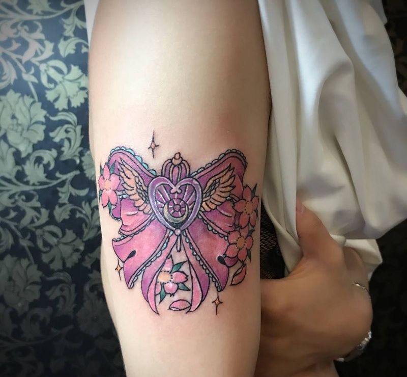 蝴蝶结纹身图片_成品手臂欧美清新静物纹身图案