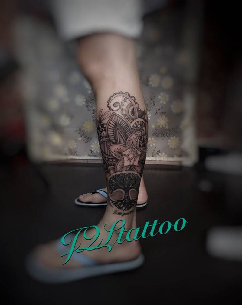 完成纹身图片_成品腿部欧美几何植物字符纹身图案