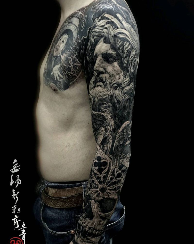 写实花臂纹身图片_手臂欧美写实雕塑建筑纹身图案