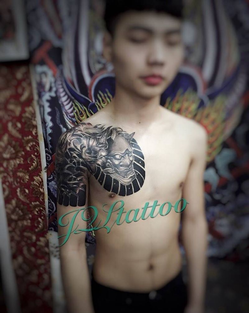 完成（狼头遮盖）纹身图片_成品传统人物纹身图案