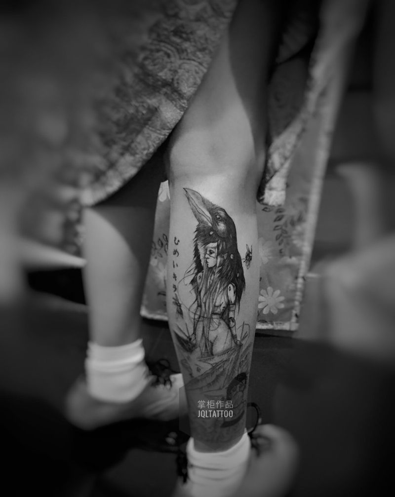 进行中纹身图片_腿部欧美写实人物动物纹身图案