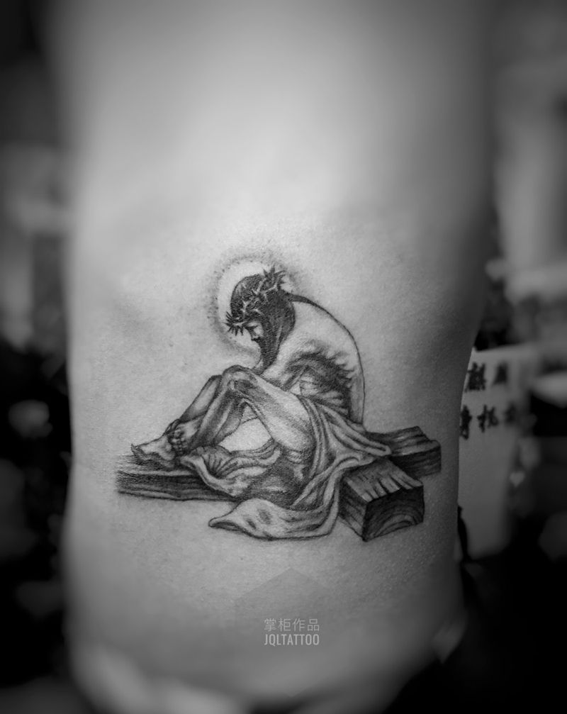 耶稣纹身图片_成品腰部写实人物肖像宗教纹身图案
