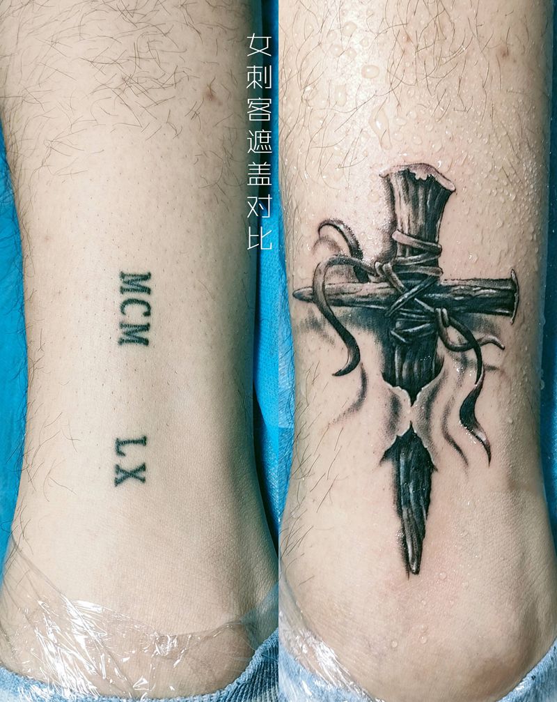 遮盖纹身图片_腿部欧美写实纹身图案