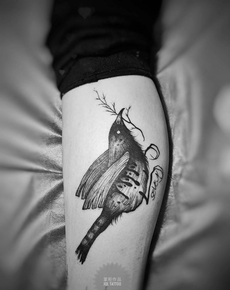 鸟纹身图片_成品腿部脚部传统动物字符纹身图案