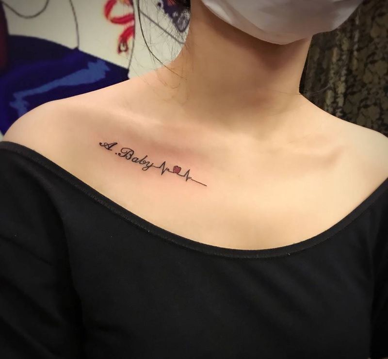 英文+心电图纹身图片_成品颈部肩部胸部清新静物字符原创纹身图案