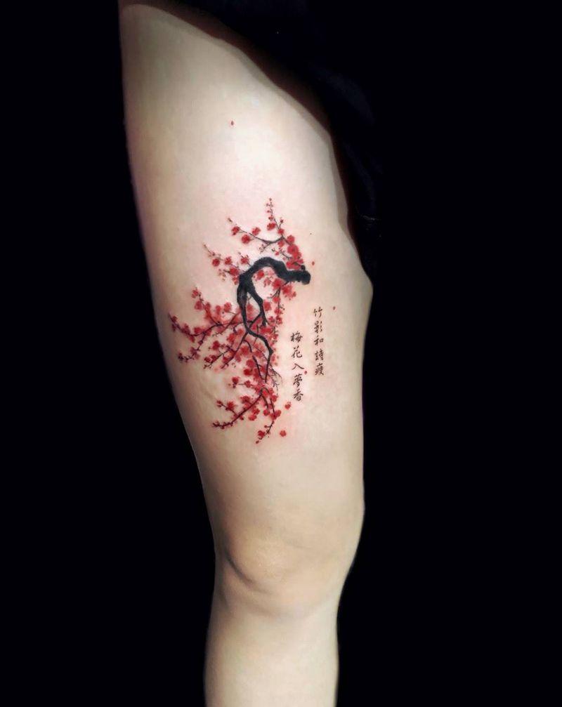 一只梅纹身图片_脚部腿部水墨花体字纹身图案