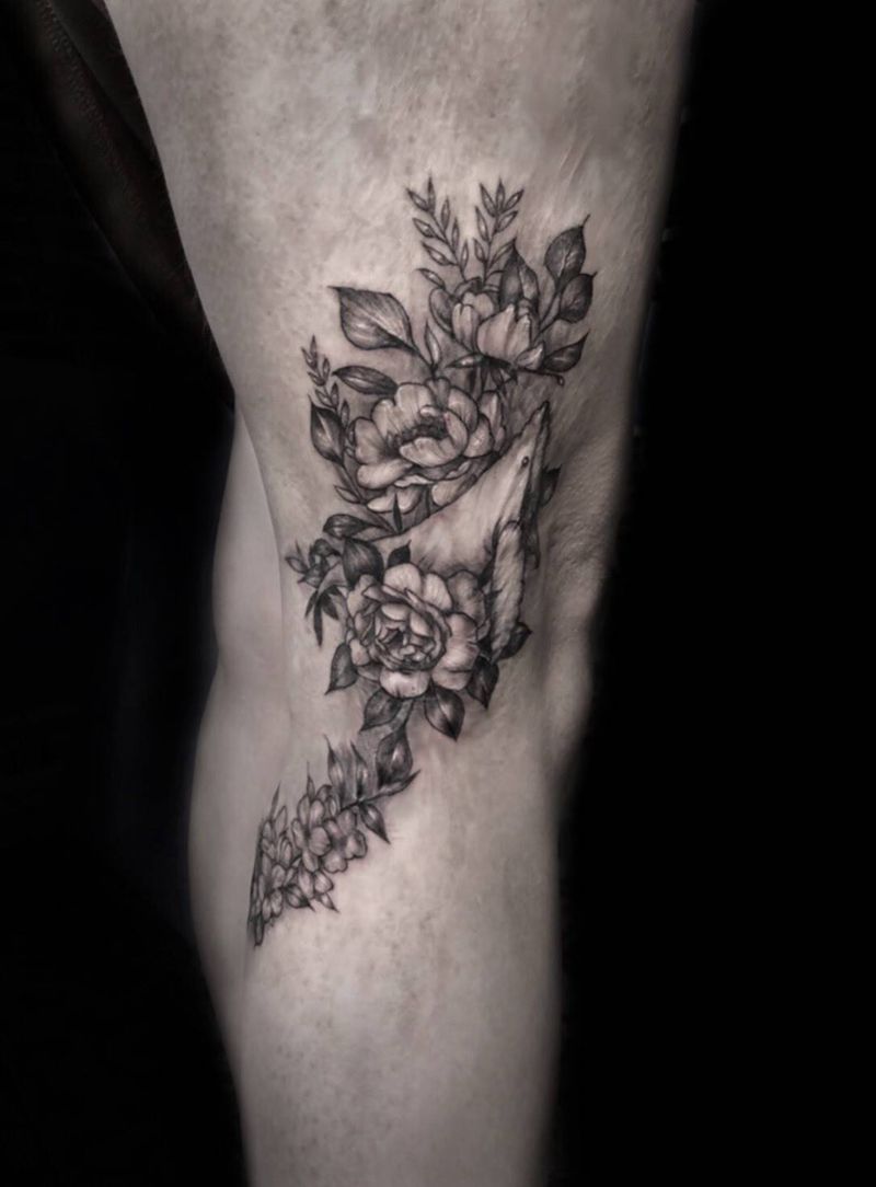 疤痕遮盖纹身图片_成品脚部腿部清新国画植物静物纹身图案