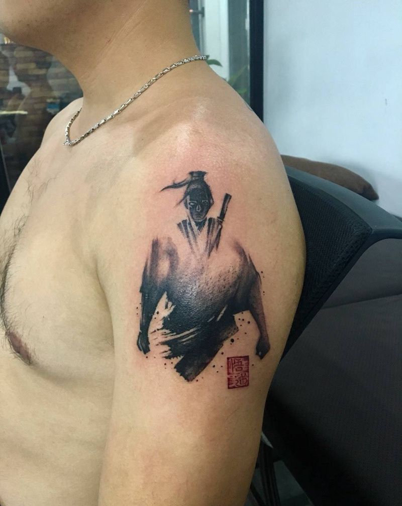 水墨风武士纹身图片