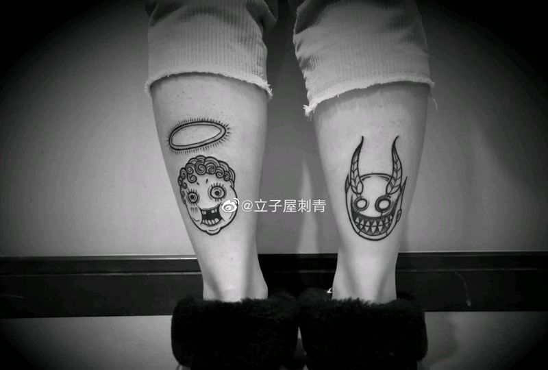 恶魔天使纹身图片_腿部Old School纹身图案