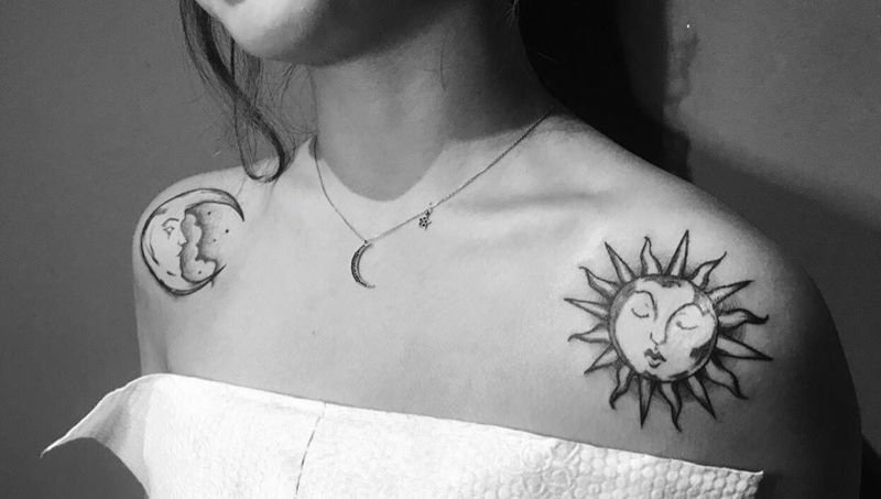 对肩：Moon-Sun.纹身图片_肩部点刺纹身图案