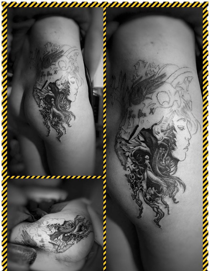 遮盖进行中纹身图片_腿部欧美人物动物植物静物鬼神纹身图案