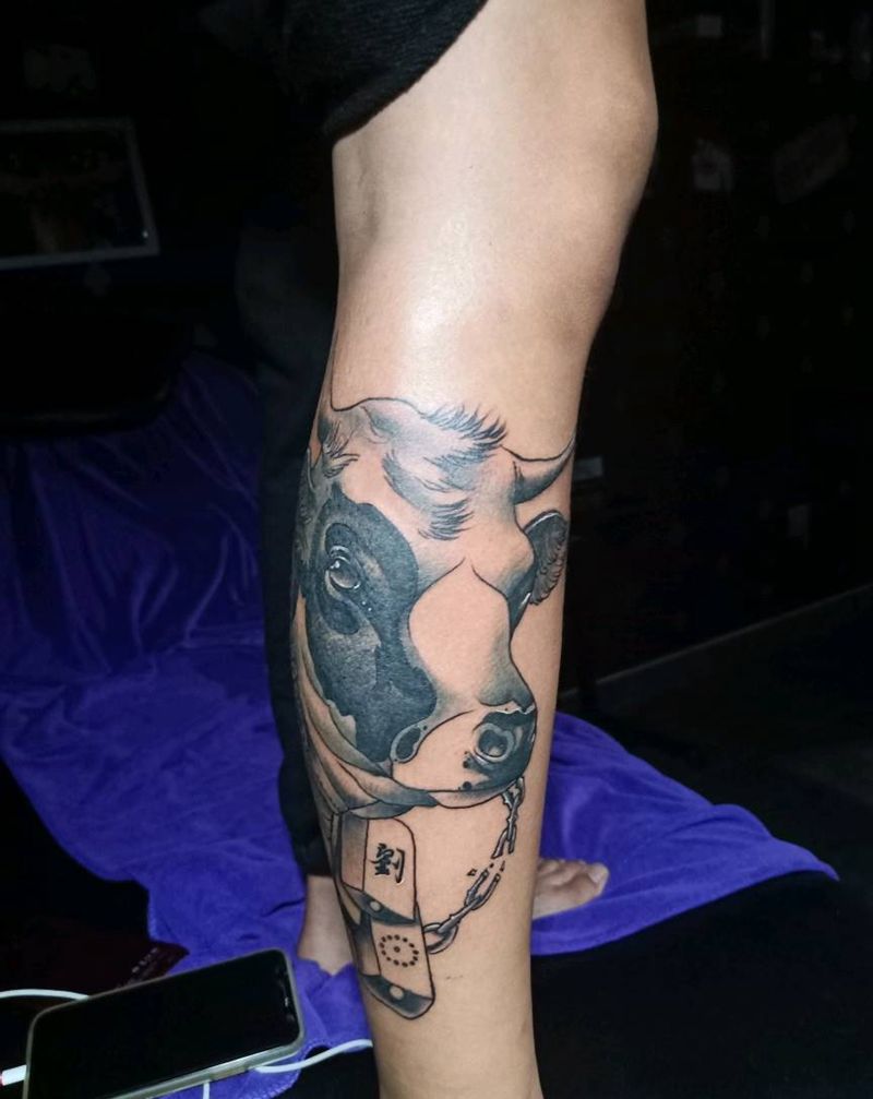 牛气冲天纹身图片_腿部纹身图案