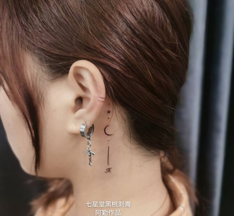 耳后小纹身纹身图片_颈部几何纹身图案