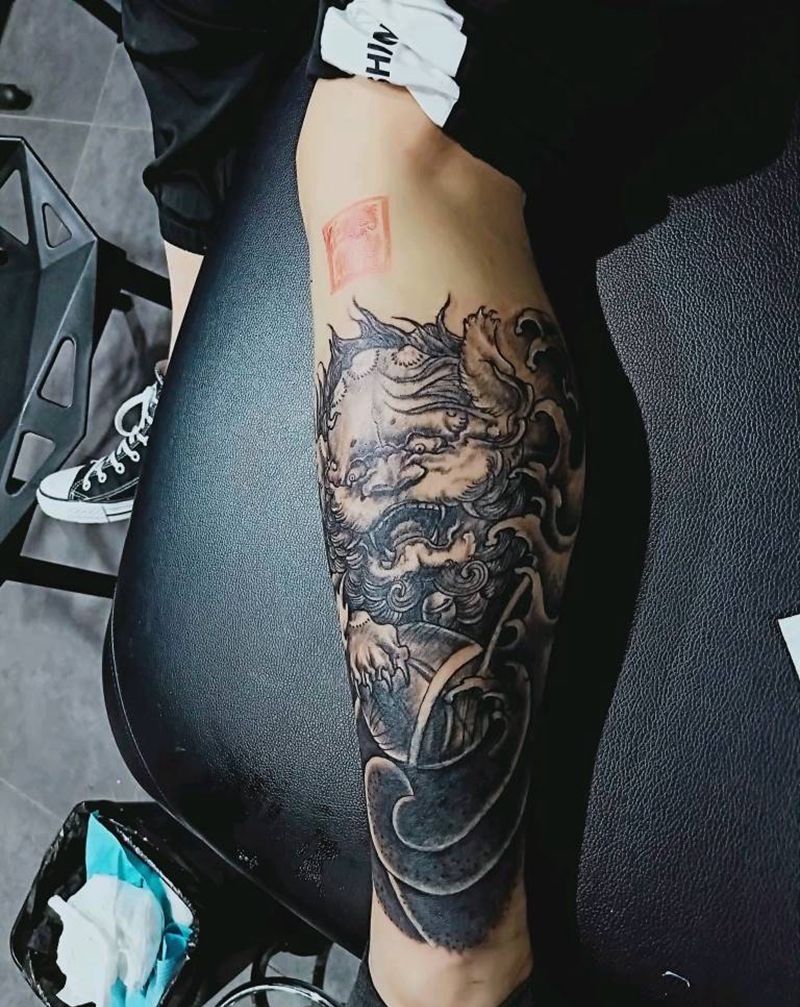 唐狮 遮盖纹身图片_腿部纹身图案