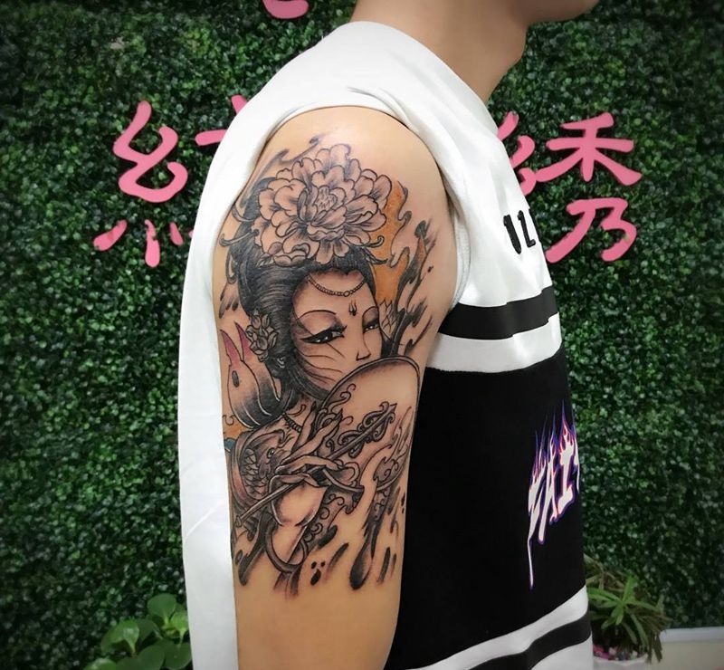 手臂艺妓纹身图片_成品手臂传统肖像人物纹身图案