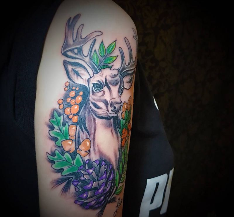 麋鹿纹身图片_成品手臂欧美动物纹身图案