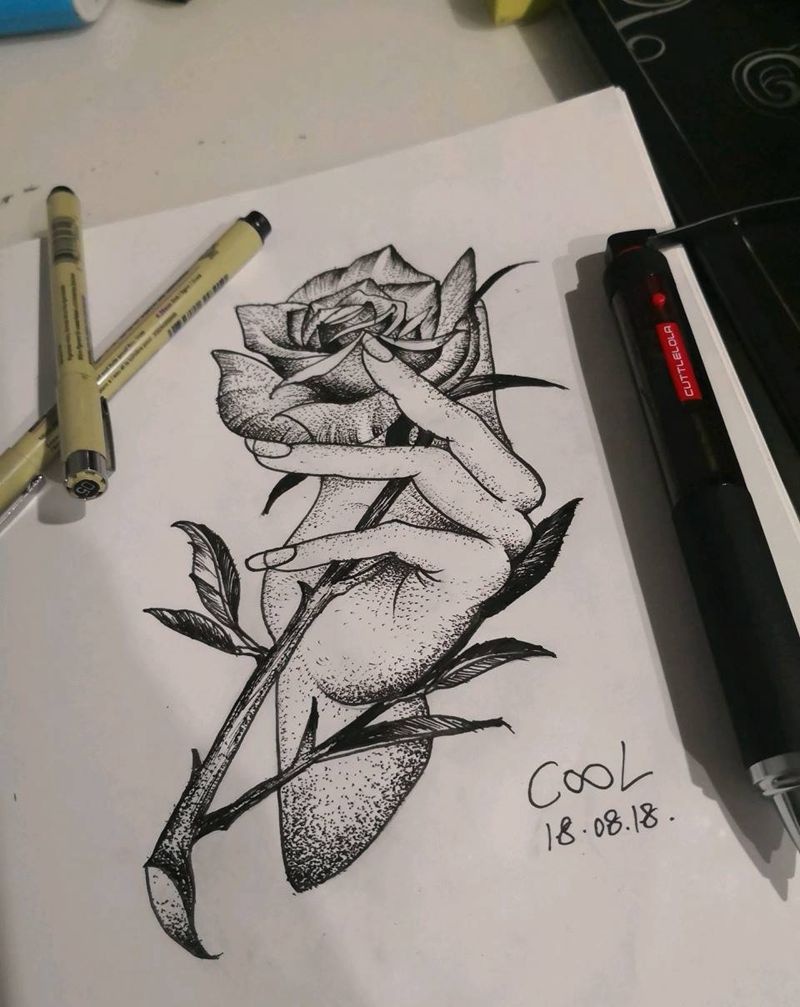 纹身手稿 点刺 带刺的玫瑰纹身图片