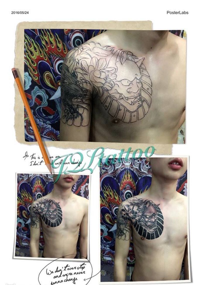 进行中纹身图片_肩部手臂传统人物纹身图案