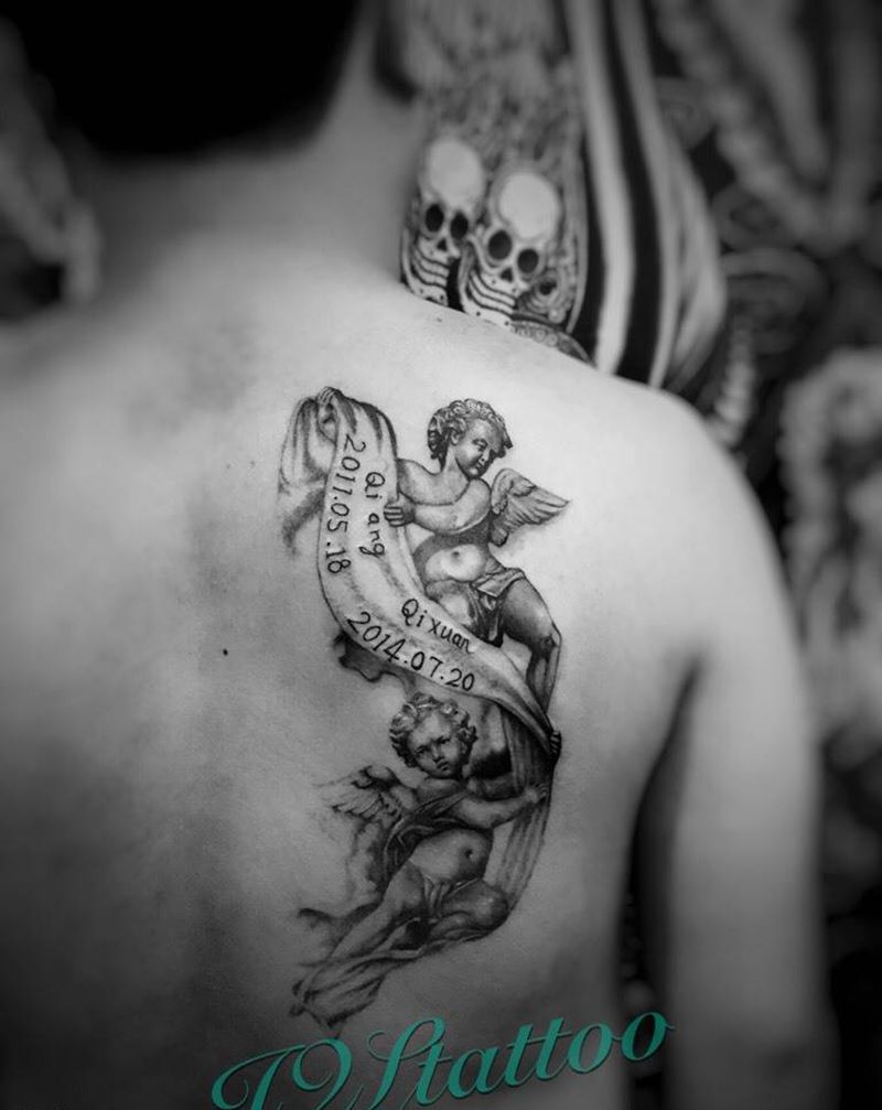 天使纹身图片_成品背部欧美写实人物纹身图案