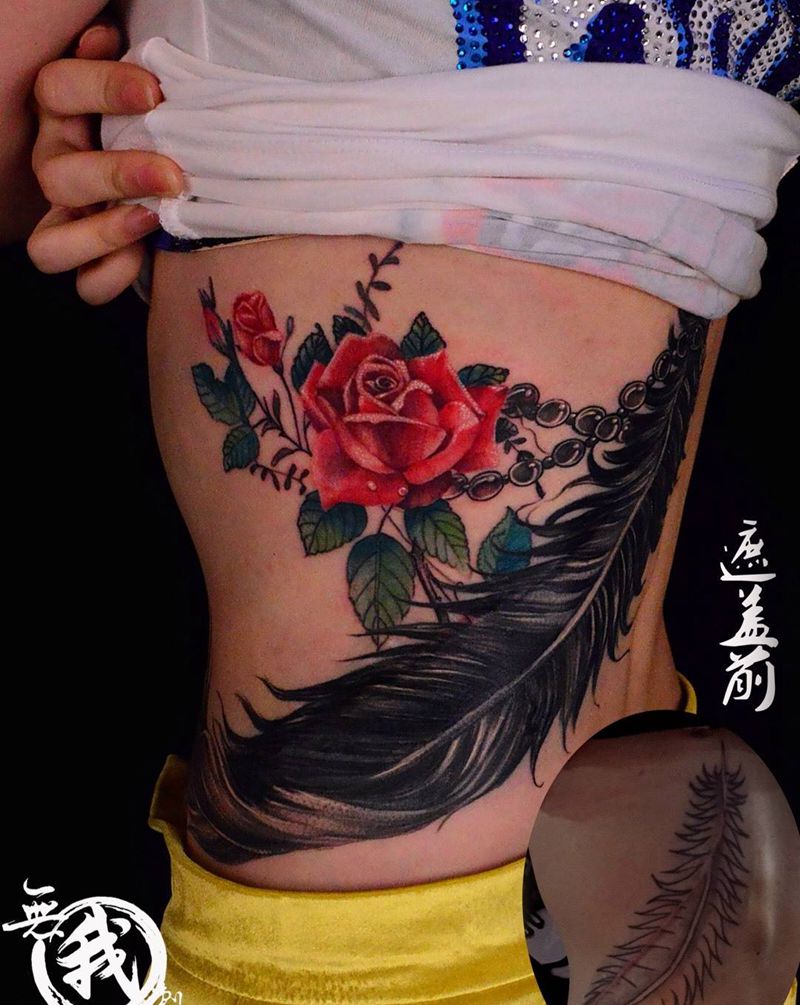 遮盖作品纹身图片_成品手稿腰部臀部腹部欧美写实清新植物动物纹身图案