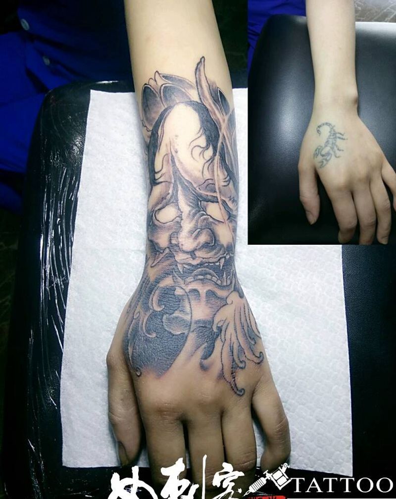 般若遮盖纹身图片_手臂欧美传统人物鬼神遮盖纹身图案